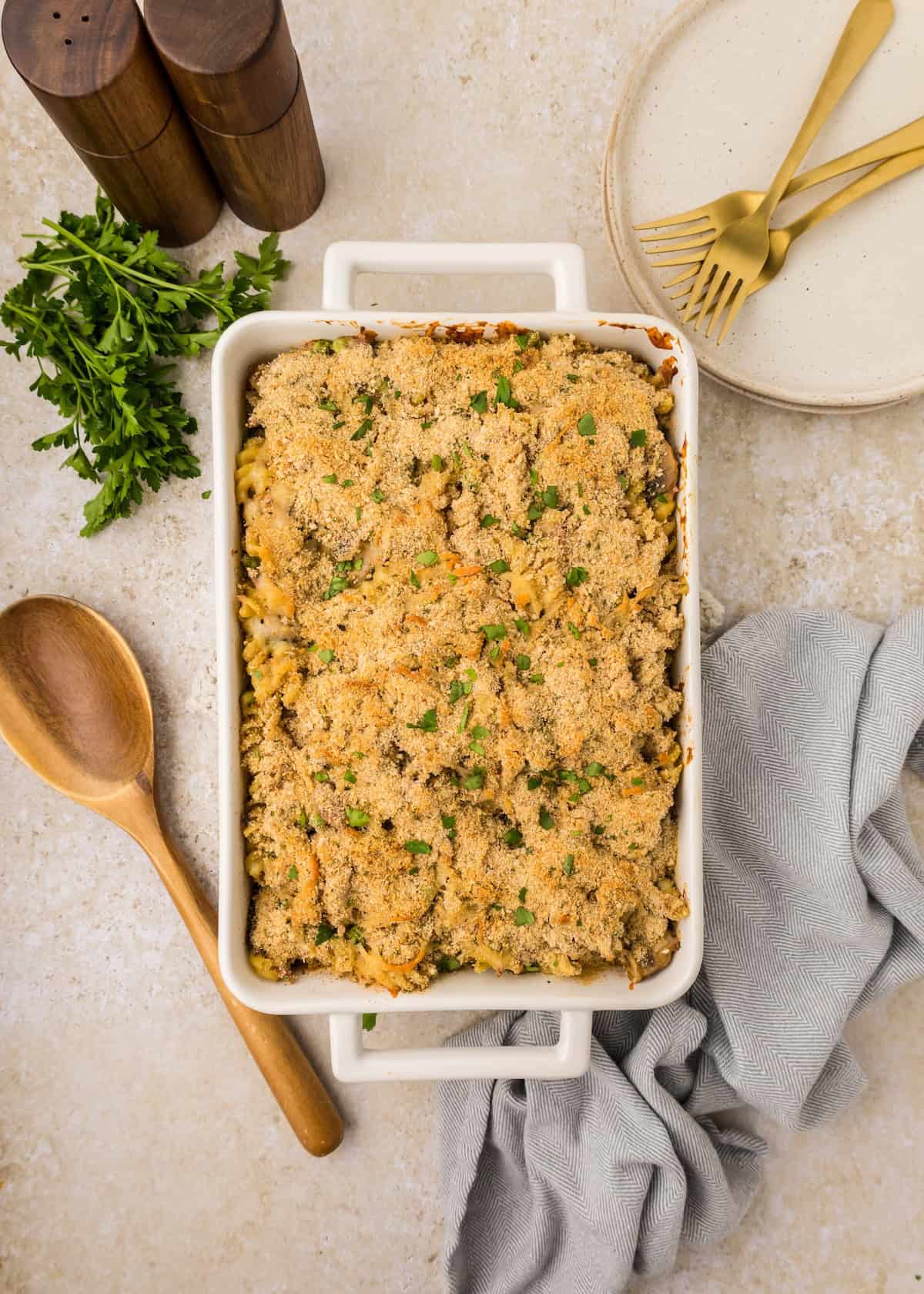 Tuna Casserole freshly baked in casserole dish.