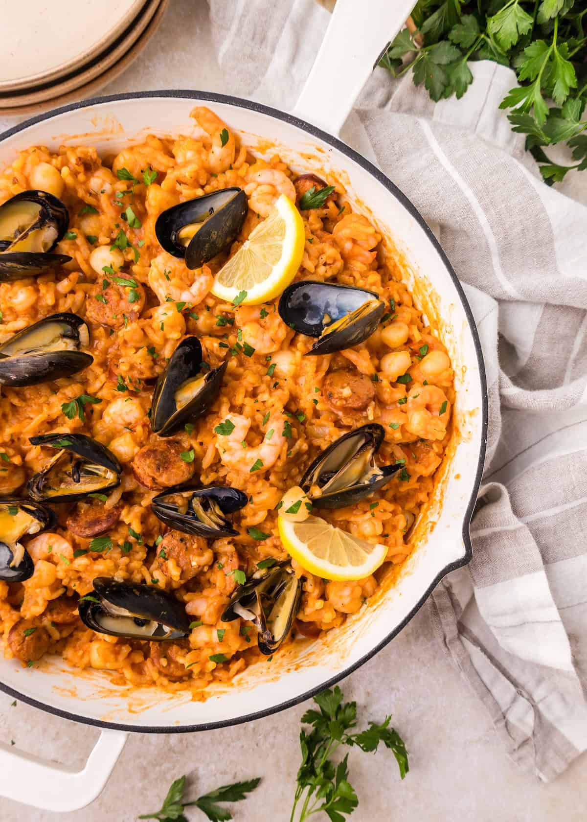 Seafood Paella in pan.