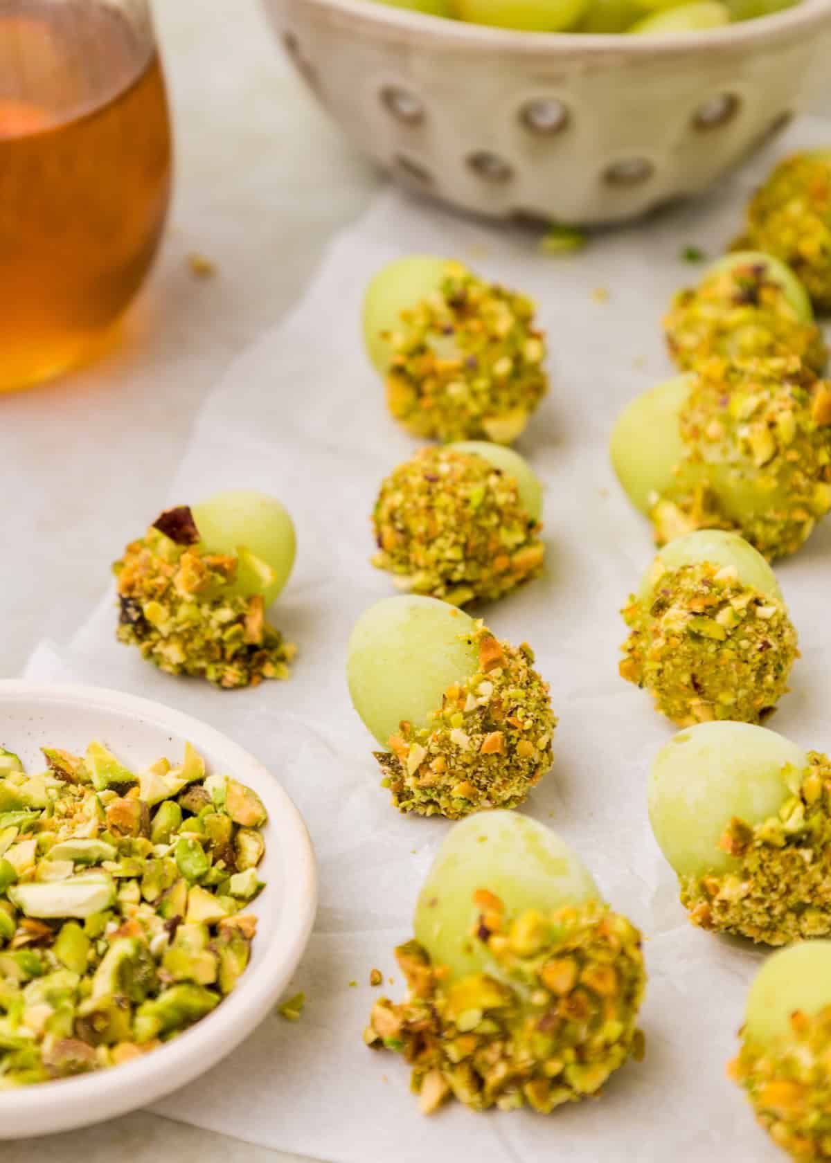 Honey Pistachio Frozen Grapes ready to eat.