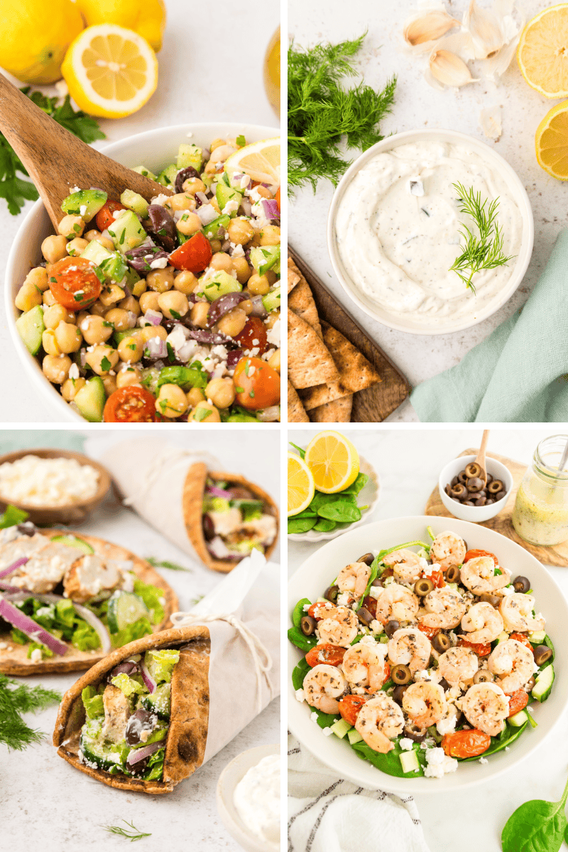 A collage of Healthy Greek Recipes: salad, dip, wraps, and shrimp over vegetables.