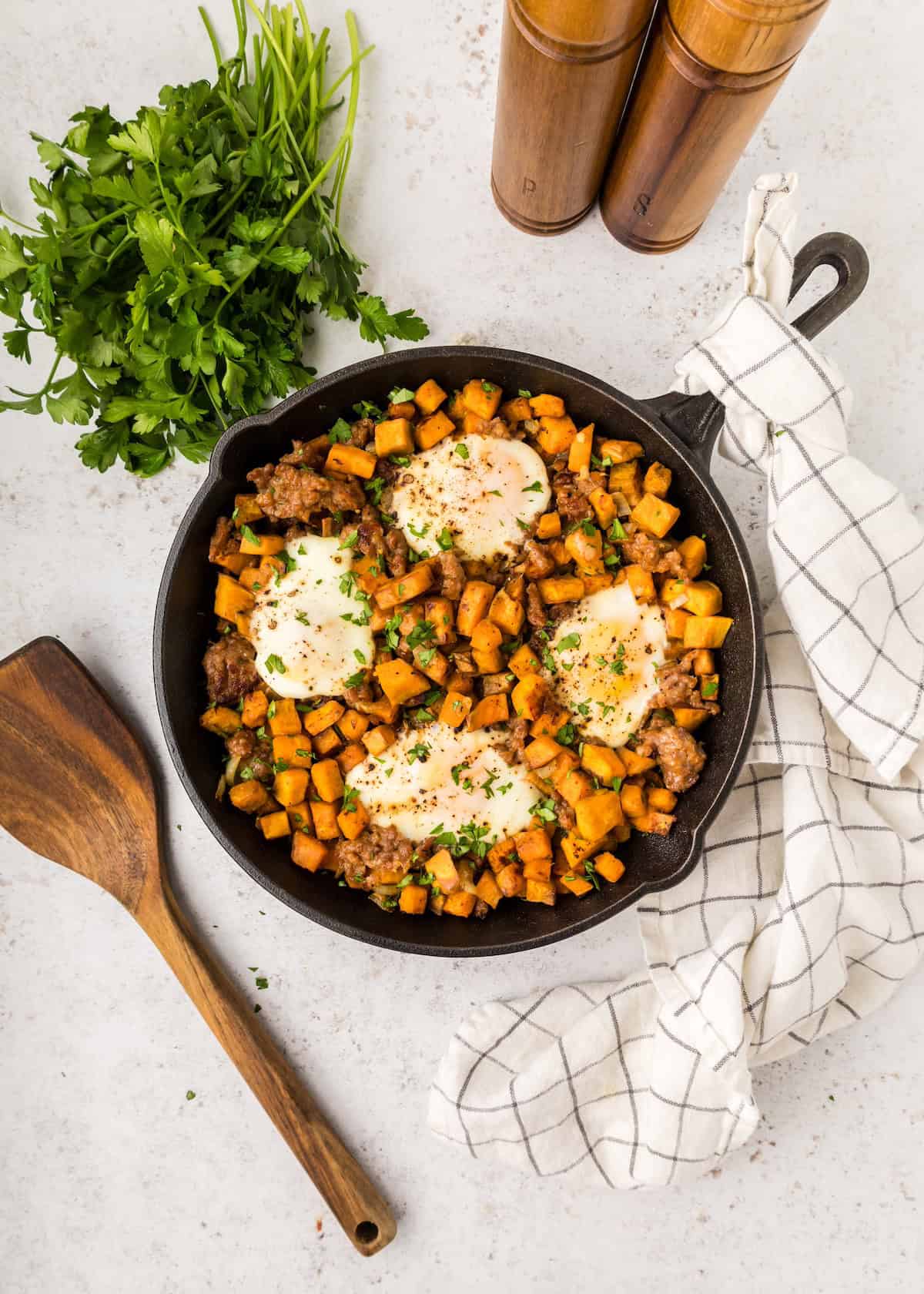 Sweet Potato Hash in a cast iron skillet.