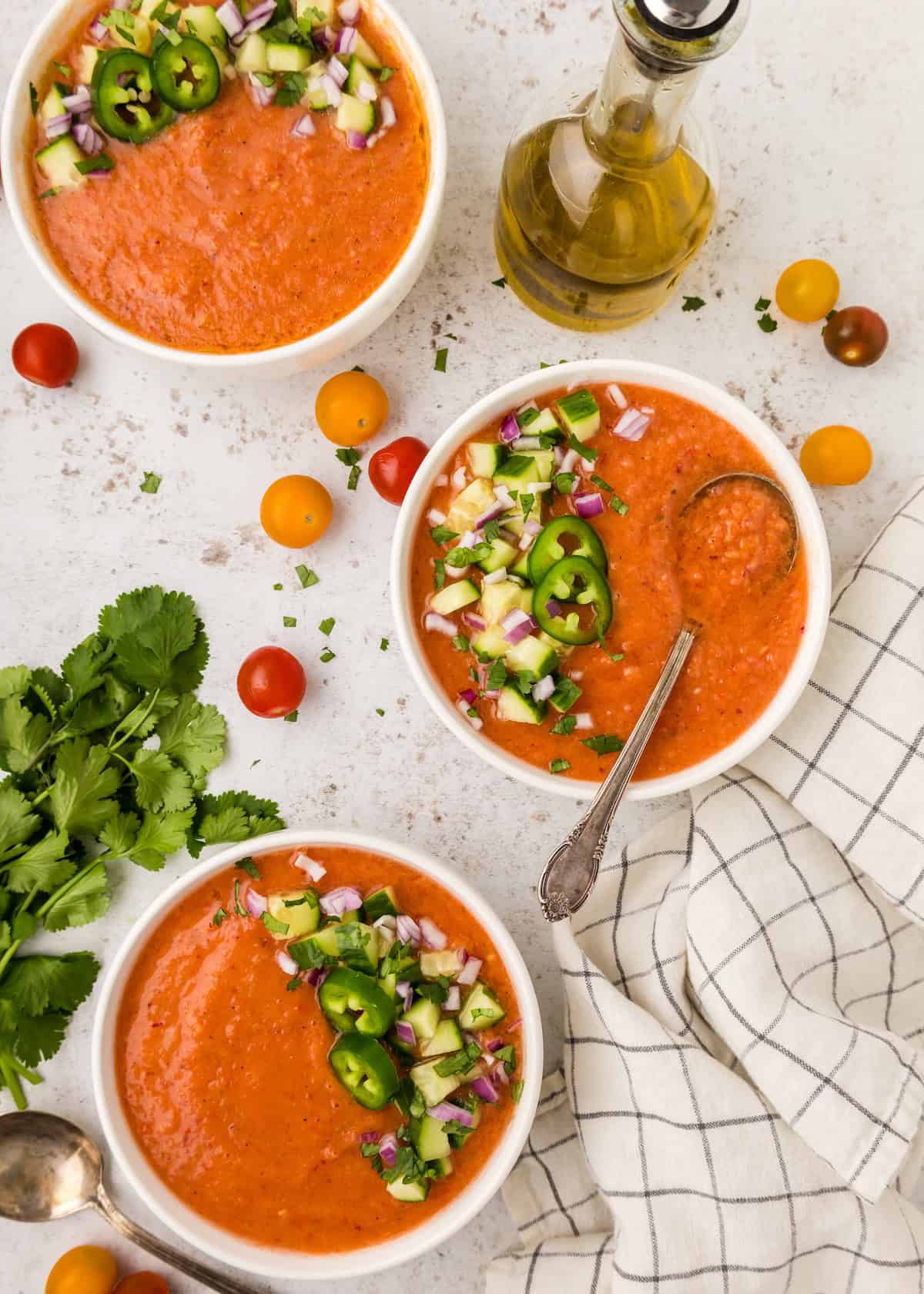Several bowls of Gazpacho Soup.