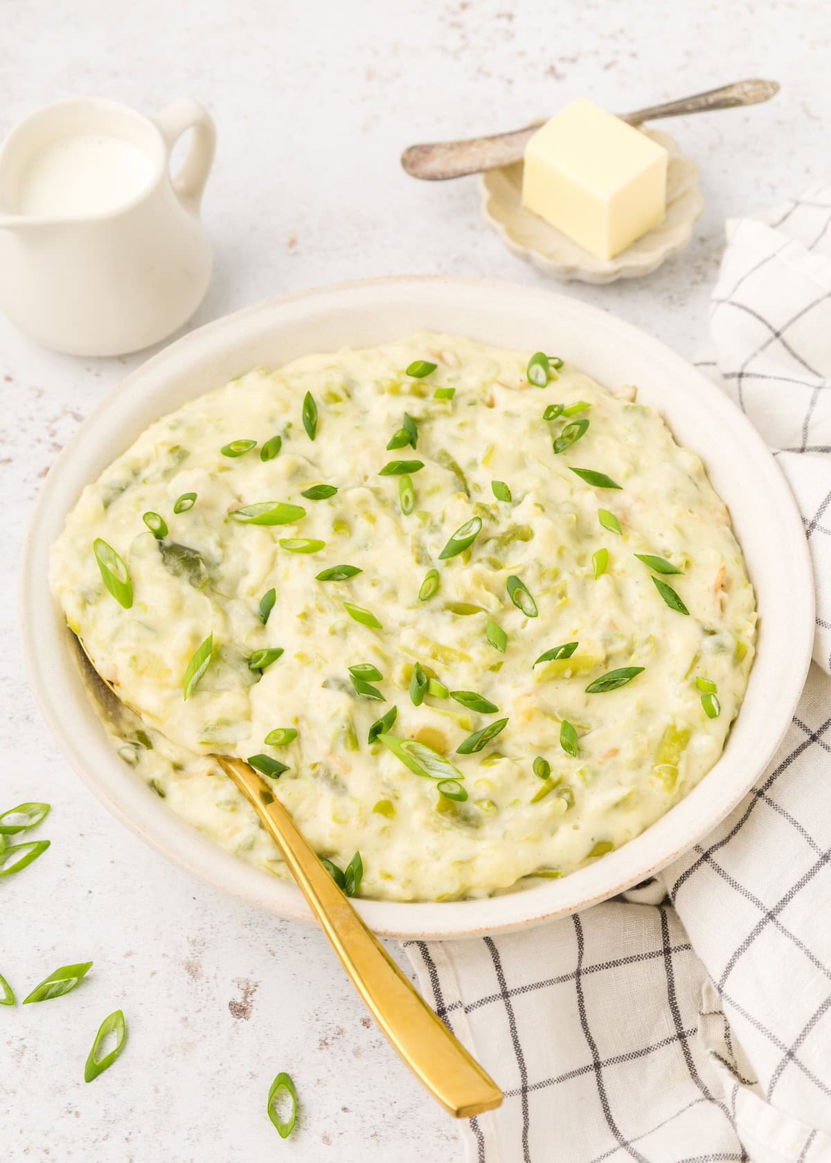 Green Bean Smashed potatoes served in a bowl.