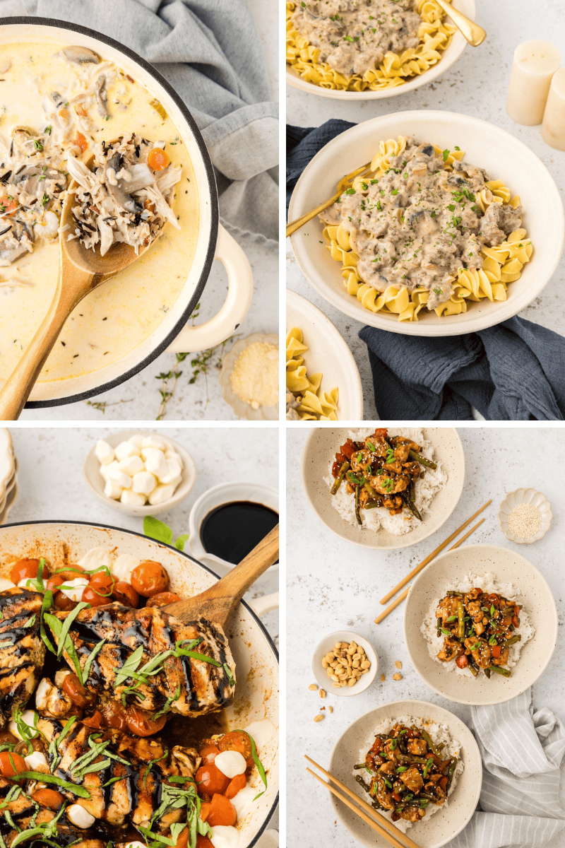 Four images of creamy chicken pasta and a tomato chicken rice dish—easy One Pot Dinner Recipes.