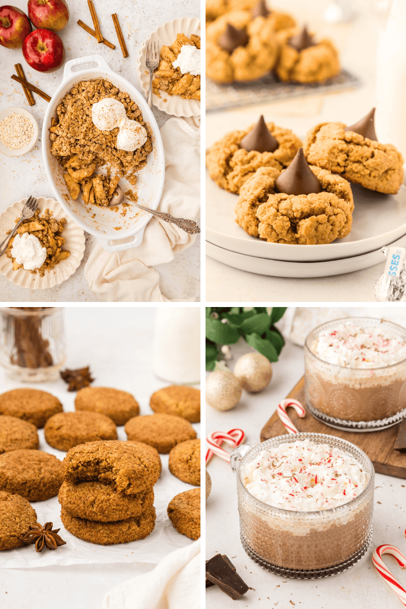 Collage of apple crisp, blossom cookies, pumpkin cookies, and Christmas Dessert recipes.