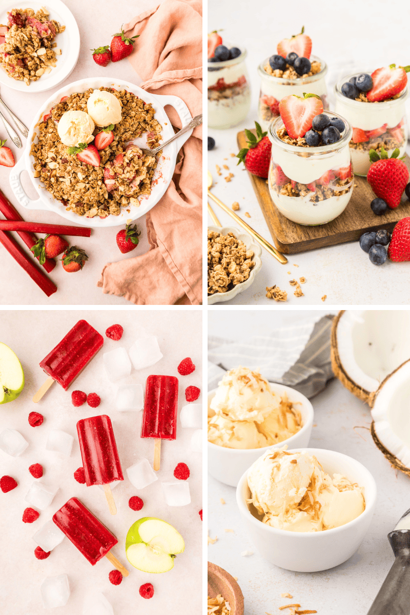 Assorted healthy fruit desserts: baked crumble, parfaits, popsicles, and ice cream bowls.