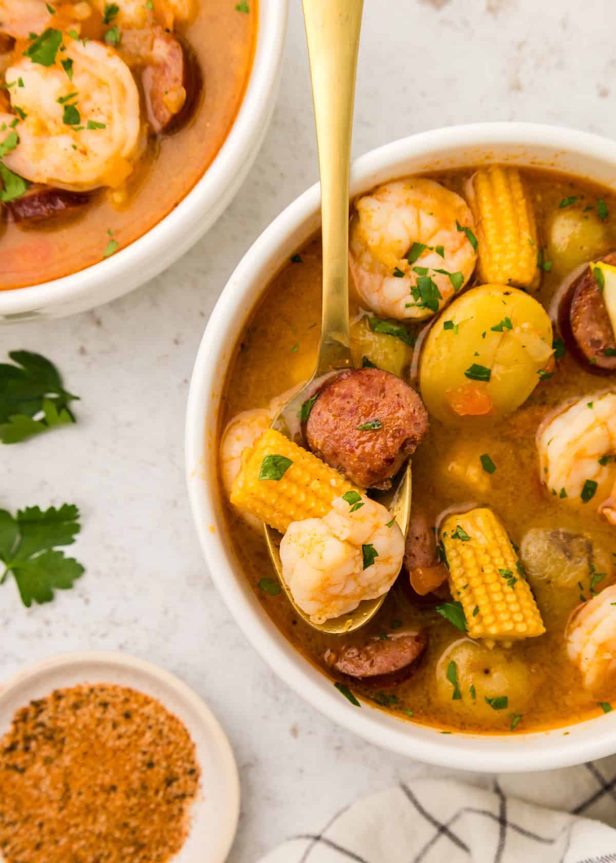 Shrimp Boil Soup served in bowls.