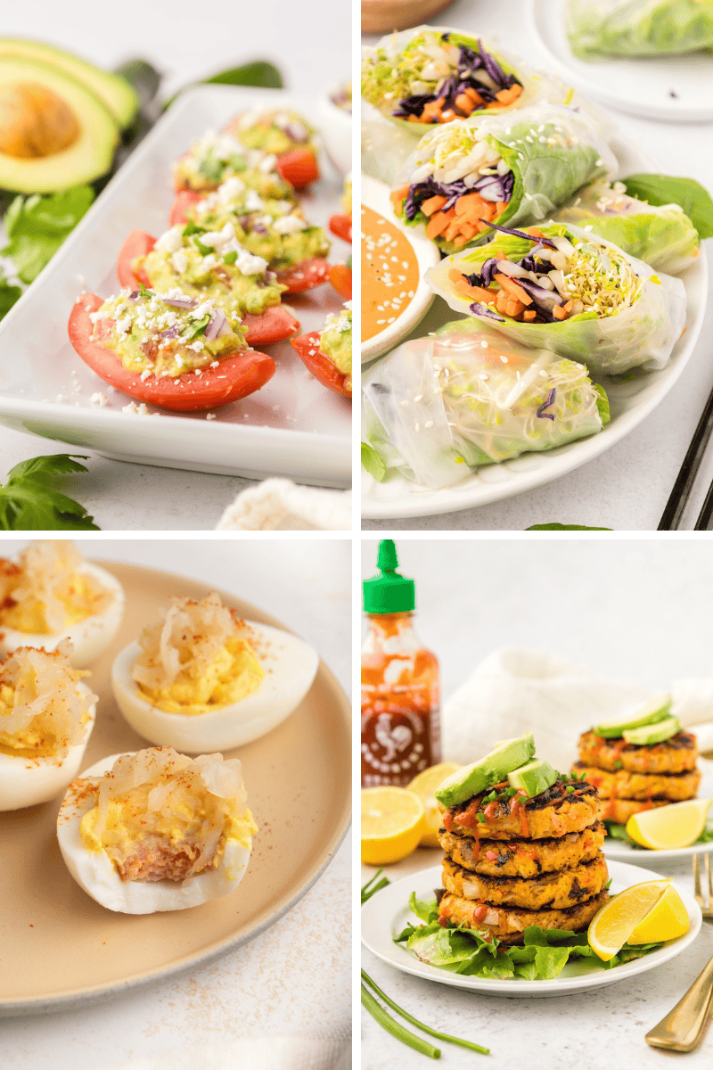 Four healthy appetizers: stuffed tomatoes, spring rolls, and other easy tapas recipes.