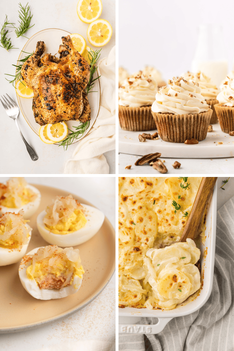 Four images: roast chicken, cupcakes, deviled eggs, and creamy baked potatoes—Easter Dinner Ideas.