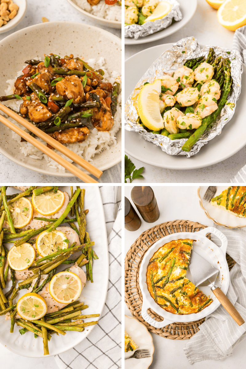 Four healthy meals with chicken, shrimp, rice, and a vegetable frittata—plus Healthy Asparagus Recipes.