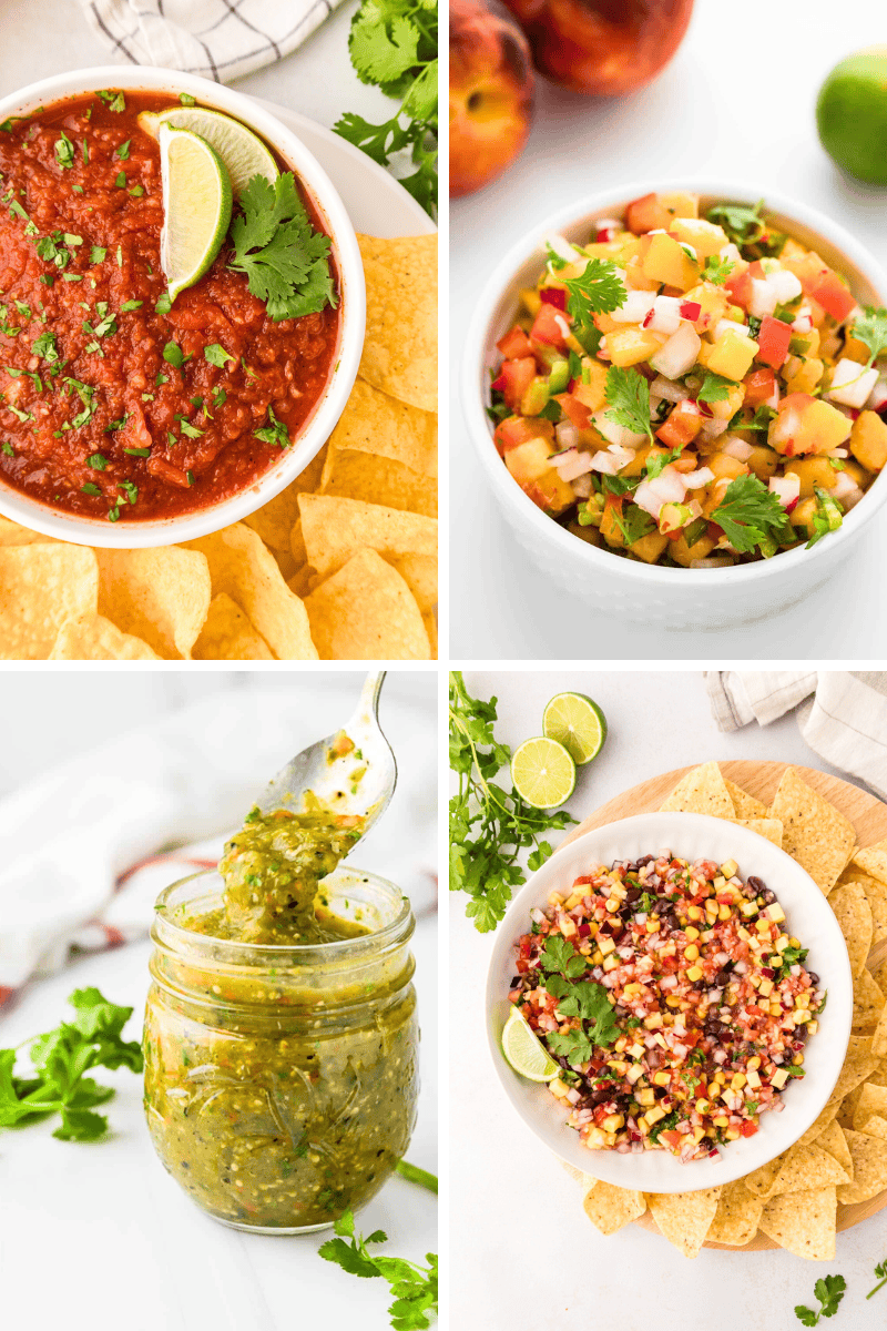 Four colorful homemade salsa recipes served with tortilla chips in bowls and jars.