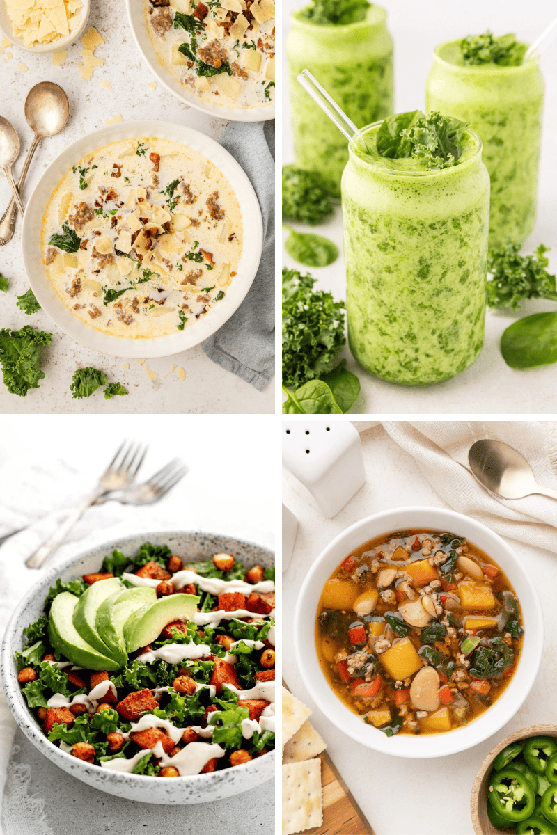 Four healthy dishes: egg bake, green smoothies, salad with avocado, and healthy kale recipes.