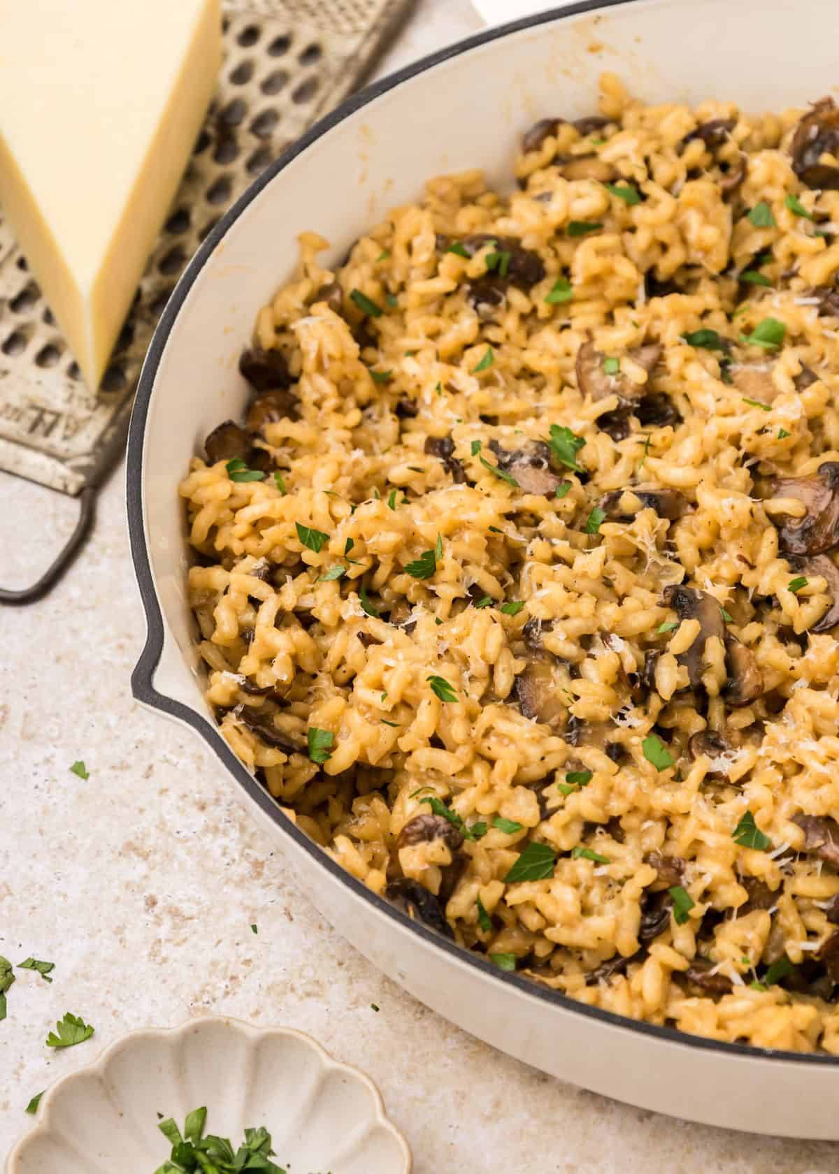 Mushroom Risotto in a pan.