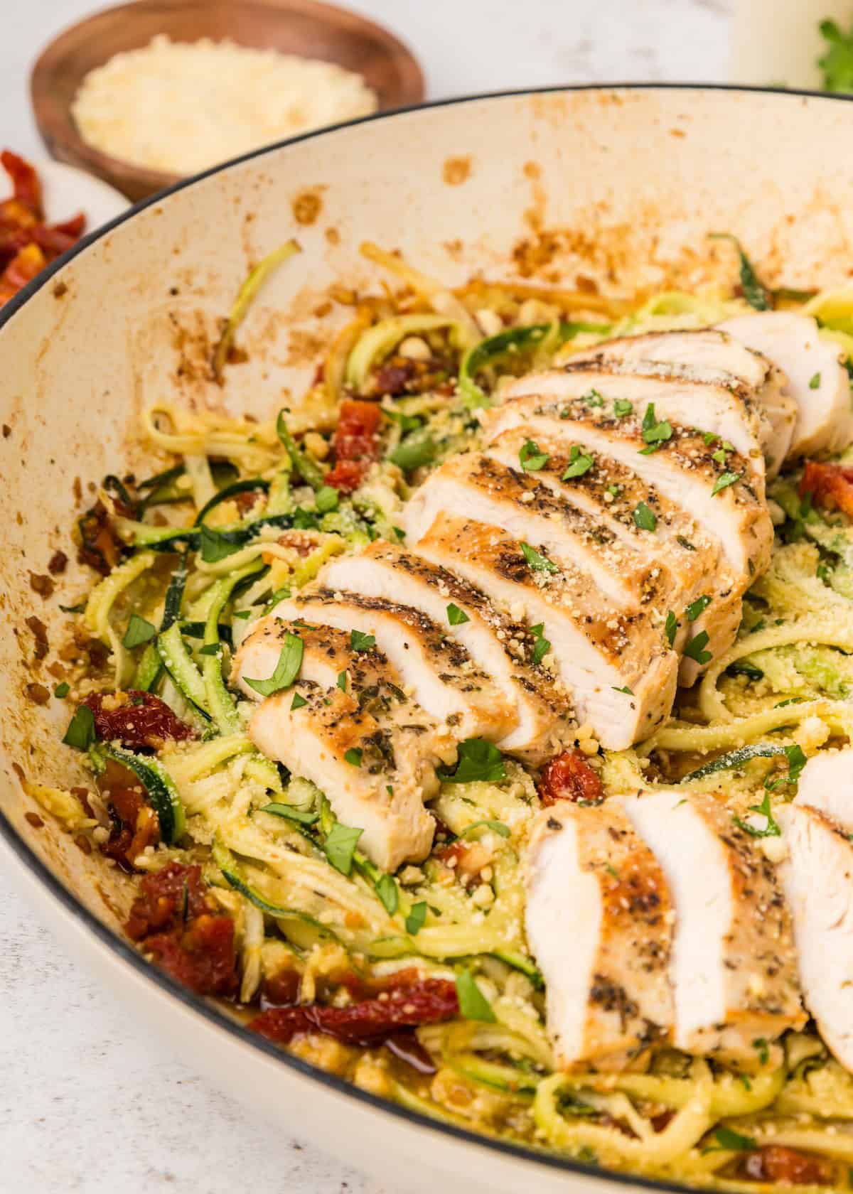 Chicken Zucchini Pasta with sliced chicken.
