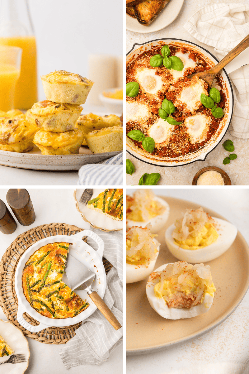 Four healthy egg recipes: egg muffins, baked eggs in tomato sauce, frittata, and deviled eggs.