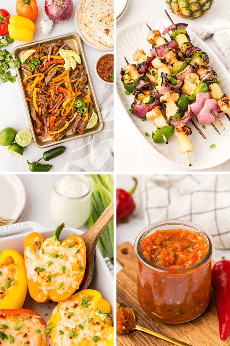 Four images: fajitas, chicken skewers, Bell Pepper Recipes, and a jar of salsa with veggies.