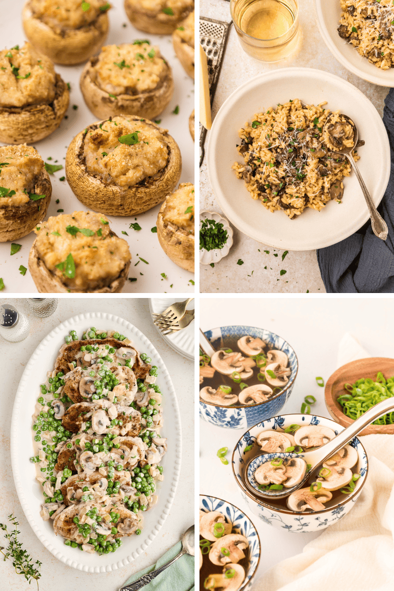 Four healthy mushroom recipes: stuffed mushrooms, risotto, pork with mushrooms, and soup.