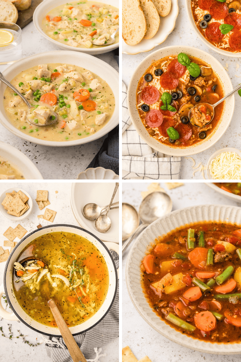 Four bowls of assorted instant pot soup recipes with vegetables, meat, bread, and crackers.