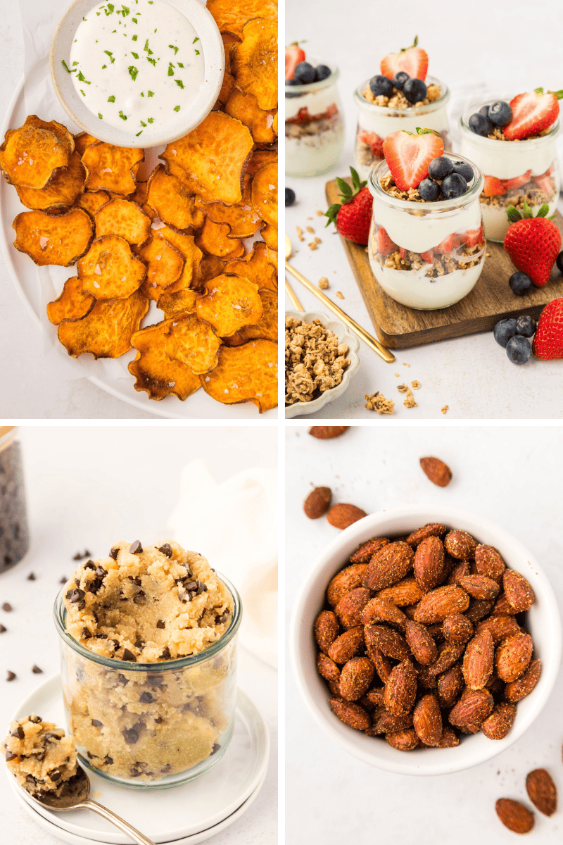 Four healthy snack recipes: sweet potato chips, parfaits, cookie dough, and seasoned almonds.