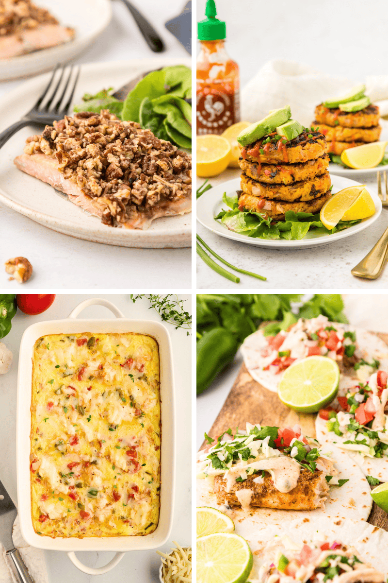 Four plates of healthy meals, featuring tacos, patties, casserole, and Healthy Fish Recipes.