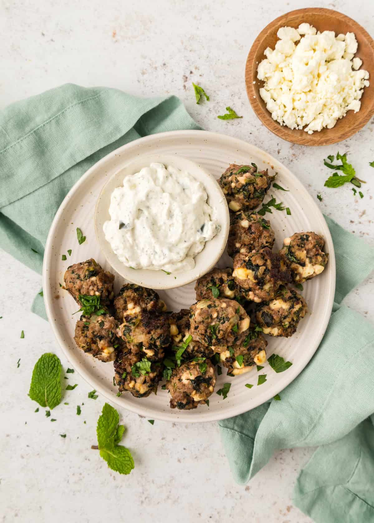 Greek Meatballs served with tzatziki.