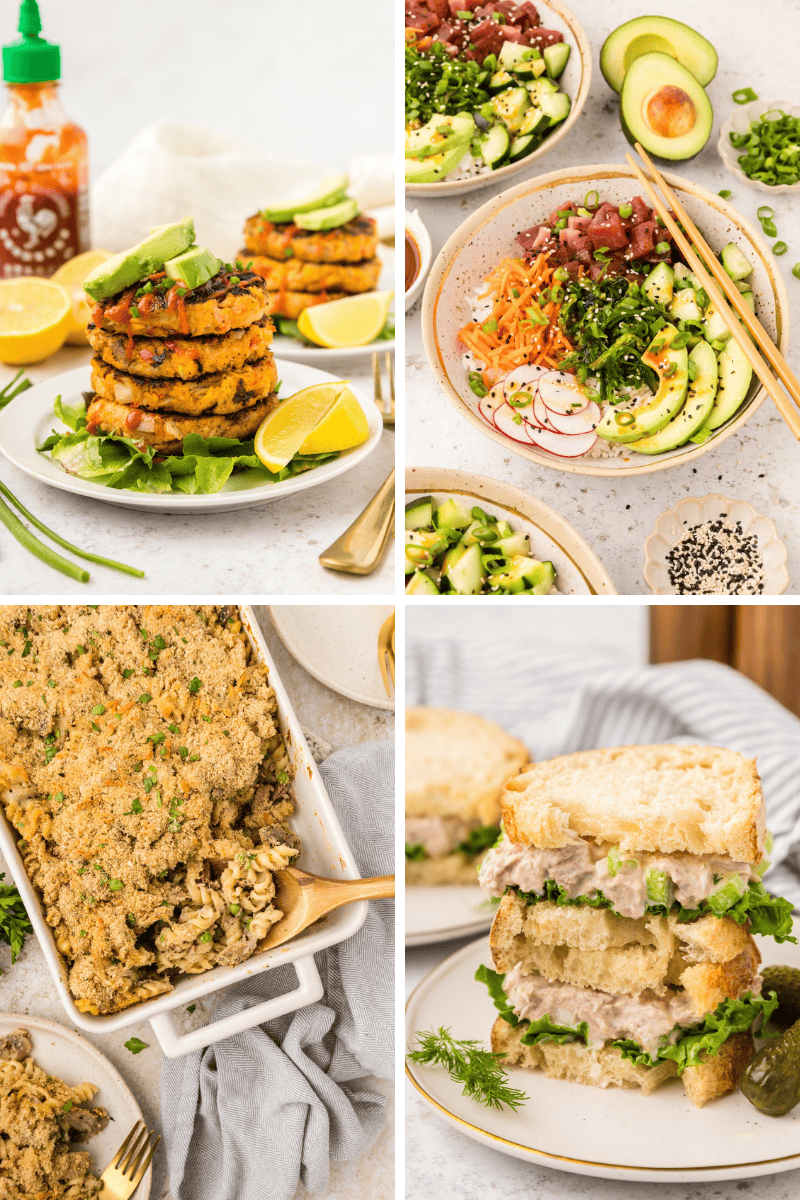 Four easy tuna recipes: vegan crab cakes, poke bowls, casserole, and sandwiches.