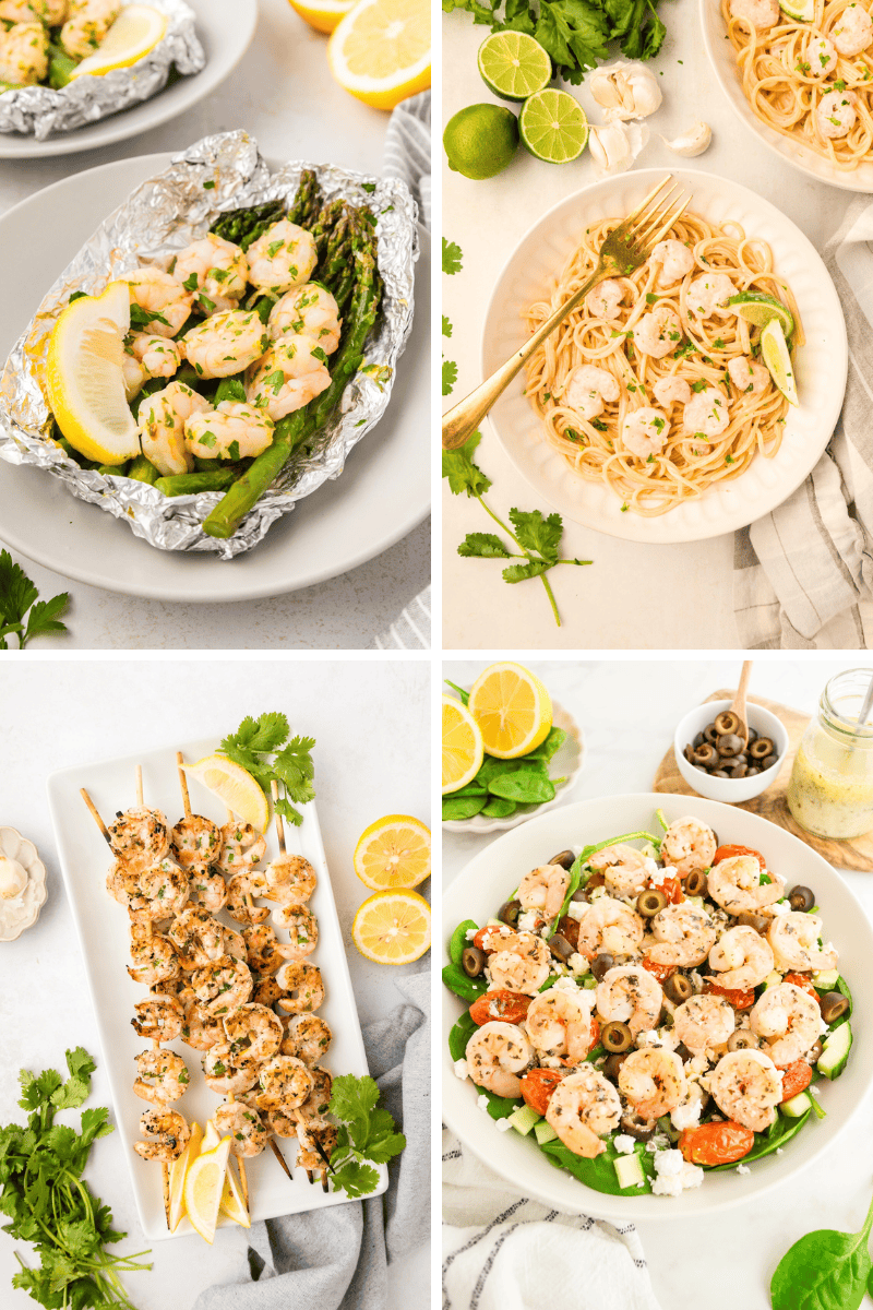 Four easy shrimp recipes: grilled skewers, pasta, foil packets with asparagus, and salad.