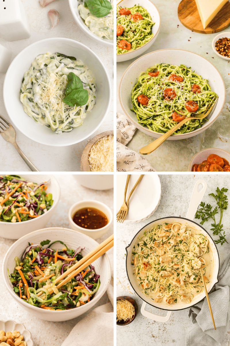 Four dishes: creamy pasta, pesto pasta, salad, and shrimp pasta skillet—great vegetable noodle recipes.
