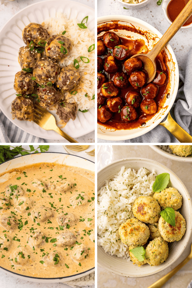 Four easy meatball recipes with different sauces, served over rice or in a bowl.