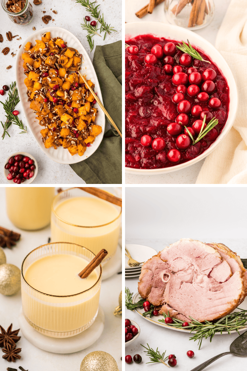 Four healthy Christmas recipes: roasted squash, cranberry sauce, eggnog, and baked ham.