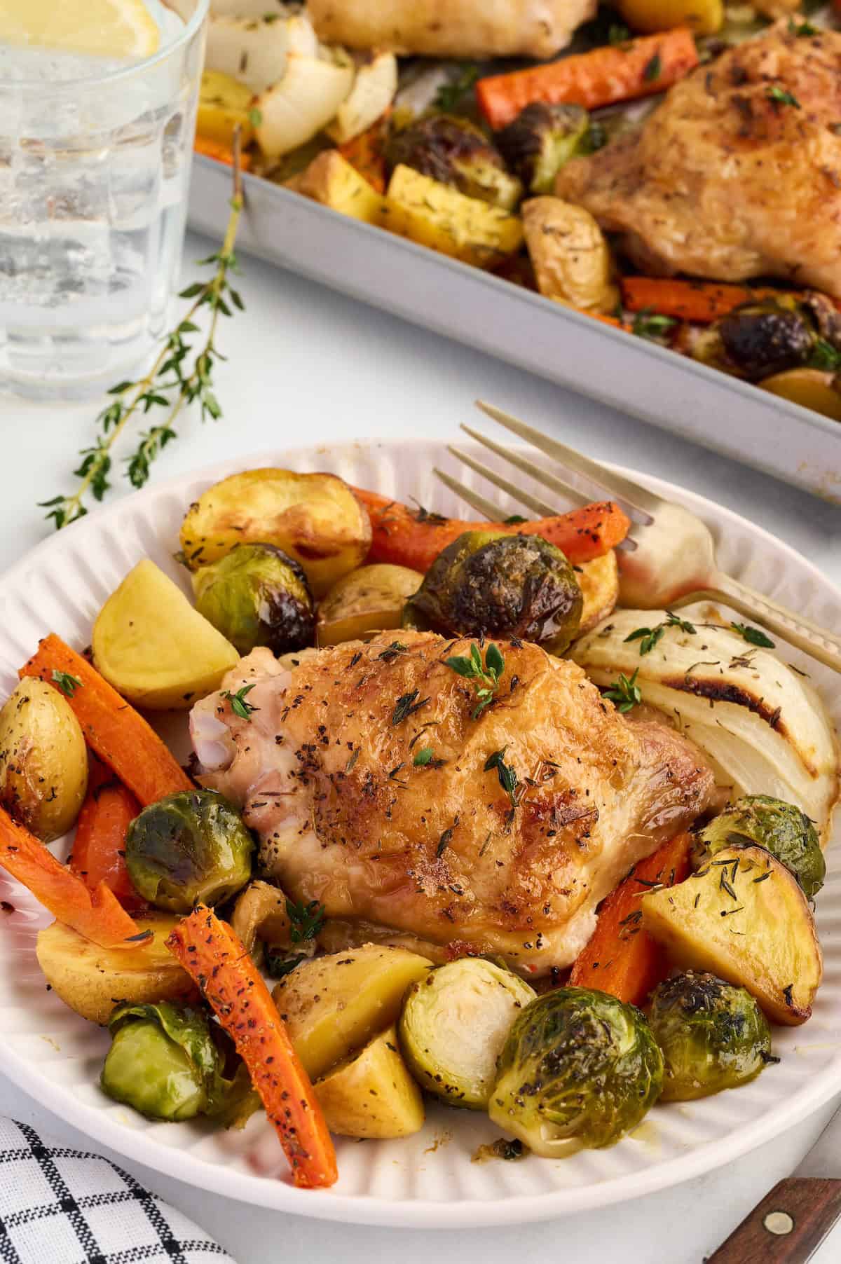 Plate of Sheet Pan Chicken and Vegetables.