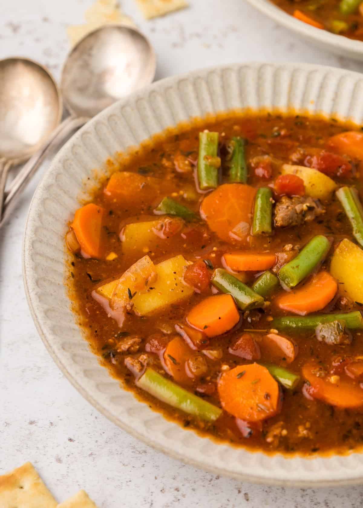 Beef Vegetable Soup in a bowl.