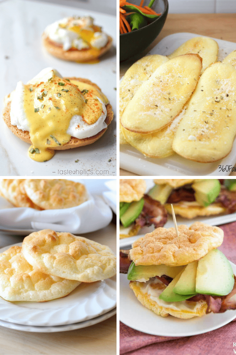 Four photos of light, fluffy cloud bread recipes as delicious low-carb alternatives.