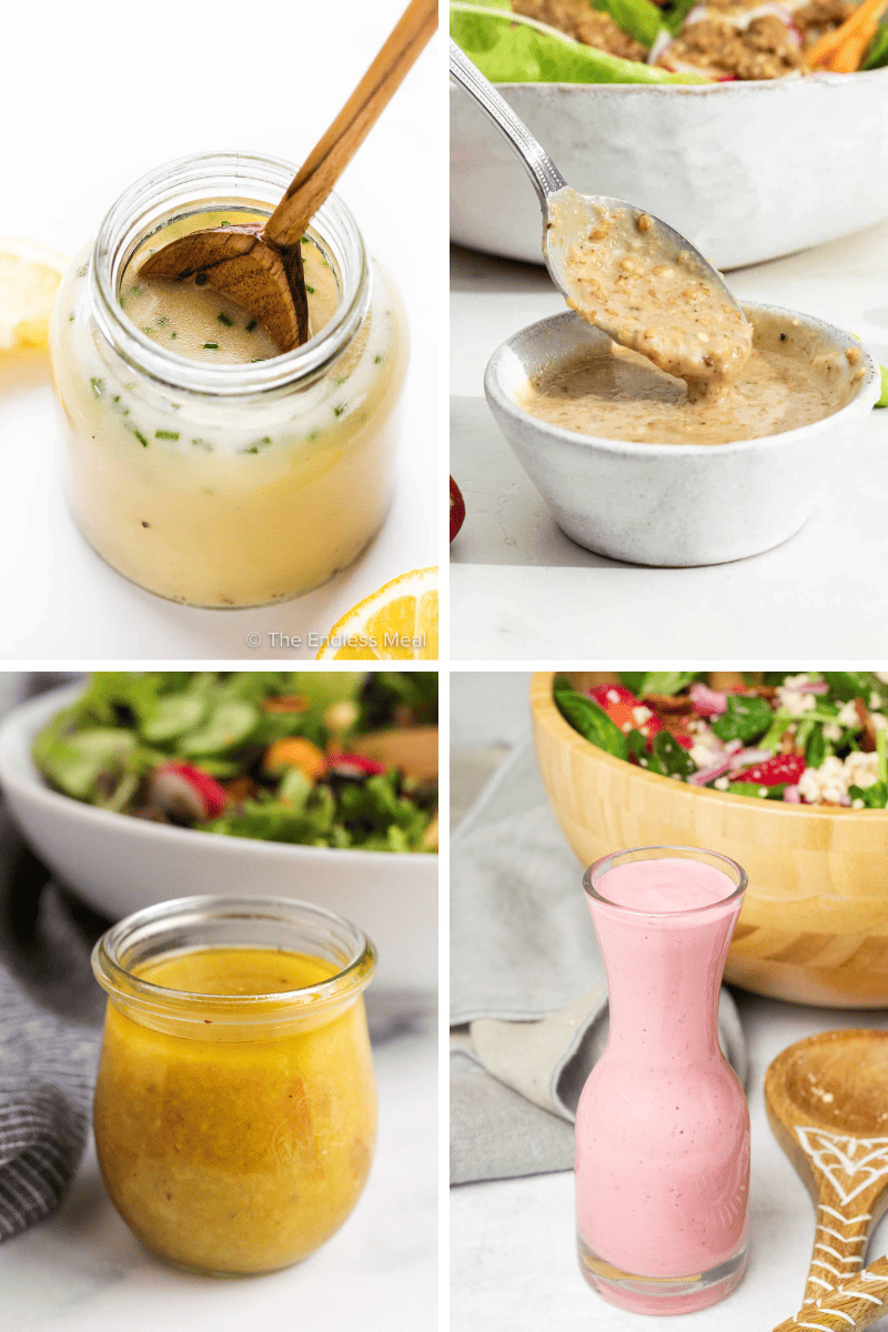 A collage showcases four homemade salad dressings in jars and bowls.