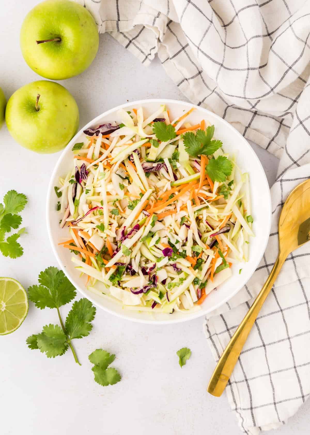 A bowl of fresh apple coleslaw with shredded cabbage, carrots, and more.