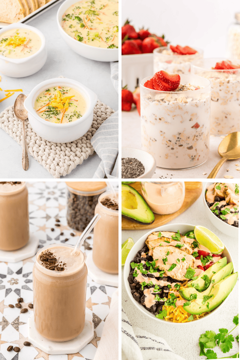 Four clean eating recipes: soup, overnight oats, iced coffee, and a chicken avocado bowl.