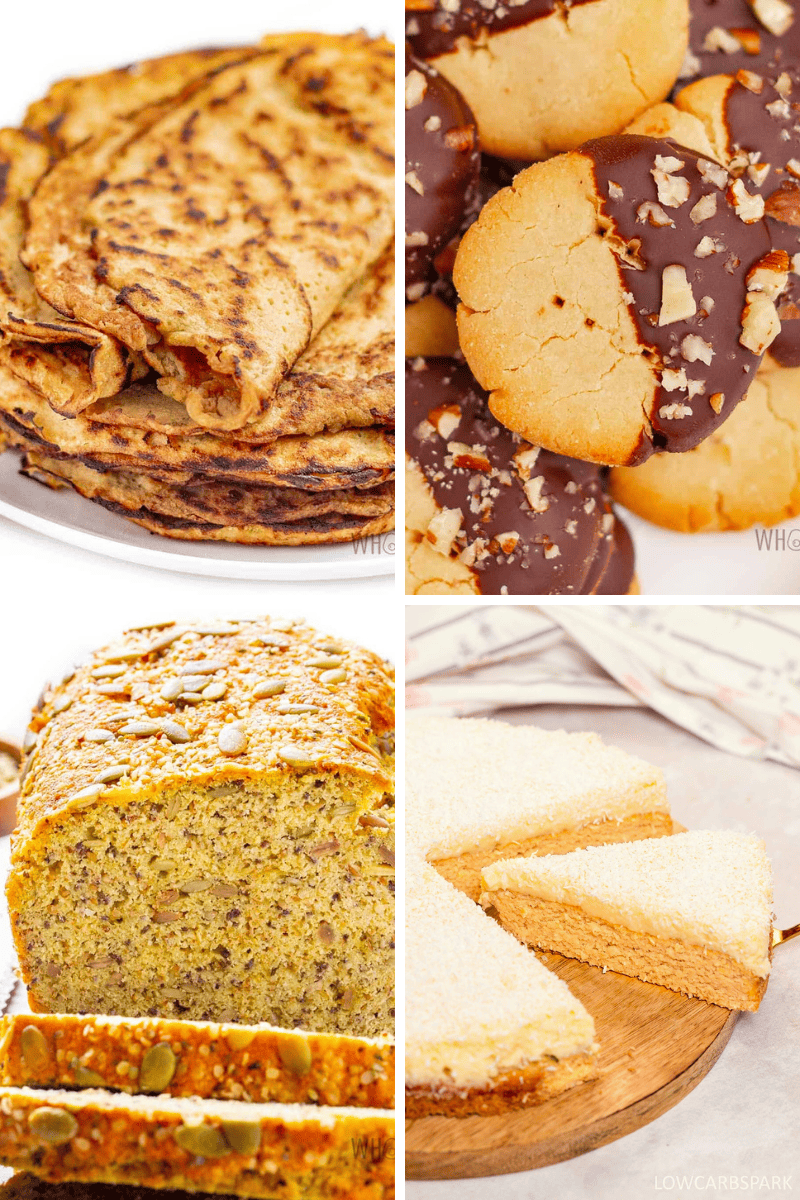 Four baked goods: crepes, coconut flour recipes, chocolate-dipped cookies, and cake wedges.