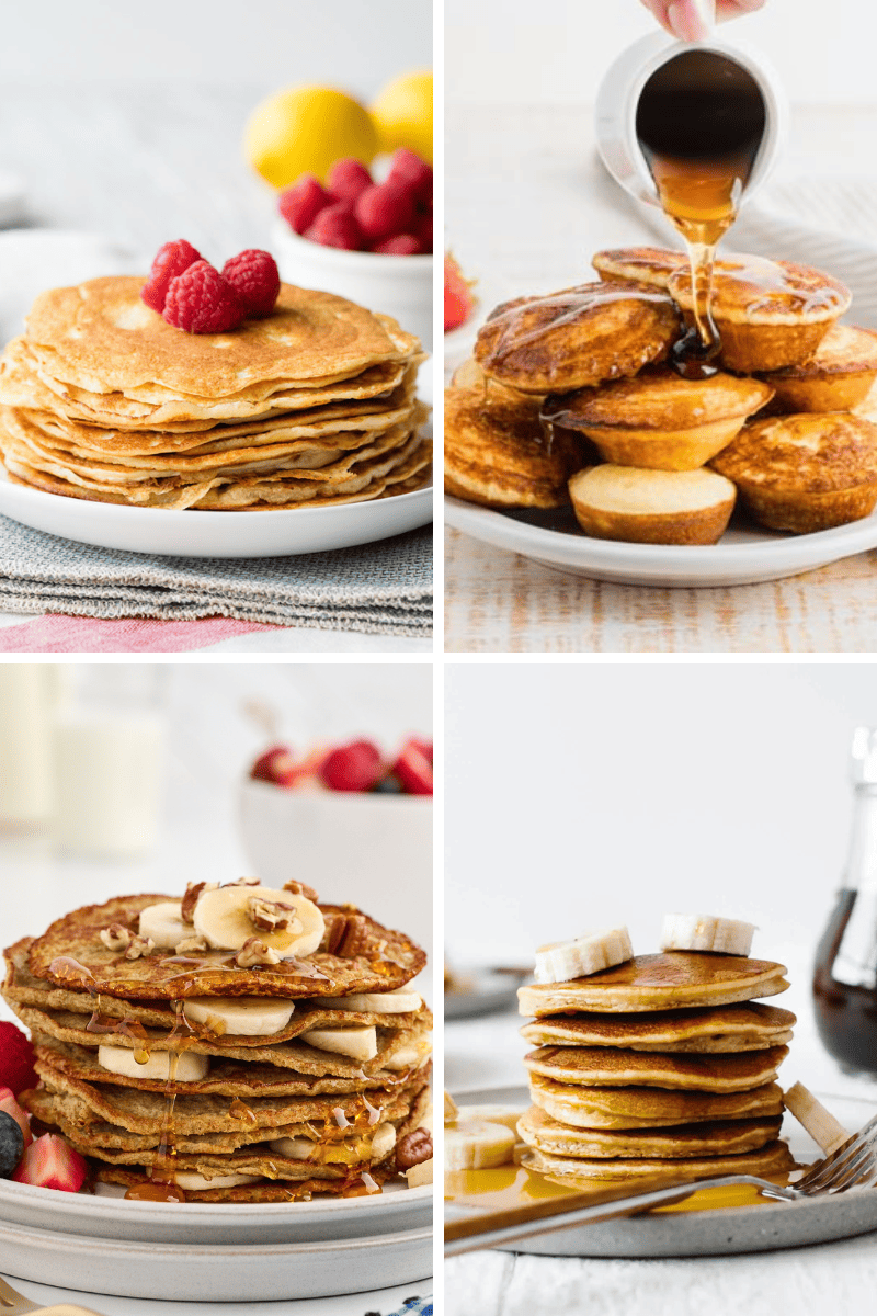 Four plates of pancakes, some topped with fruit and syrup—perfect for Easy Pancake Recipes inspiration.