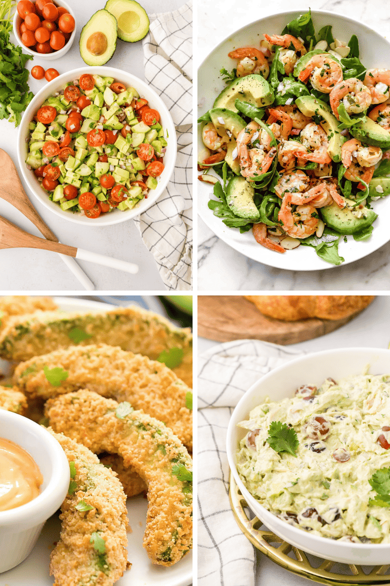 Four healthy avocado recipes: cucumber salad, shrimp salad, fried avocado, and coleslaw.