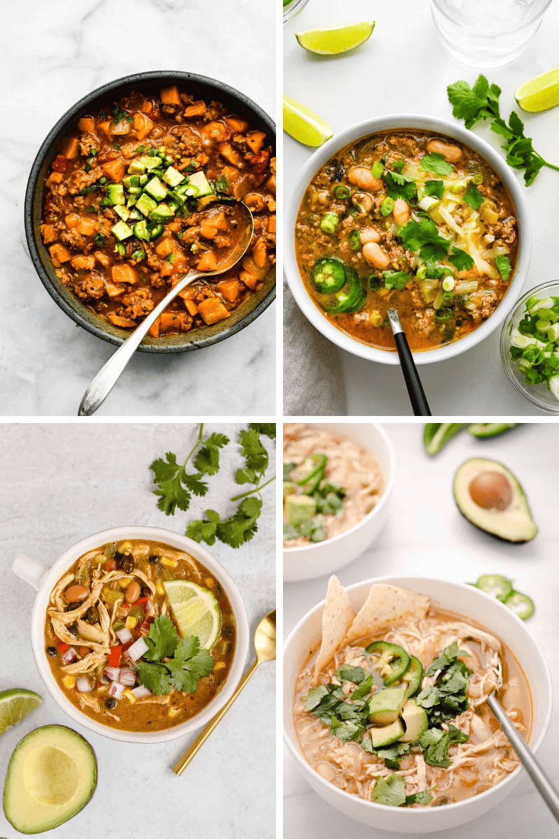 Four bowls of healthy chili recipes topped with avocado, lime, cilantro, and jalapeños.