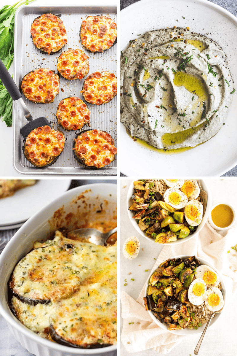 Four images: stuffed mushrooms, hummus, easy eggplant recipes, and veggie grain bowls with eggs.