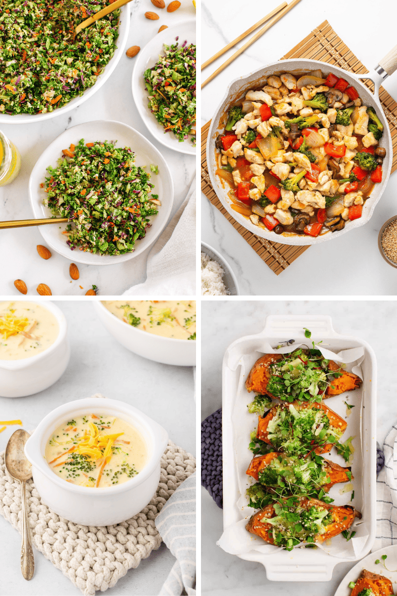 Four dishes: tabbouleh salad, vegetable stir fry, creamy soup, and healthy broccoli recipes.