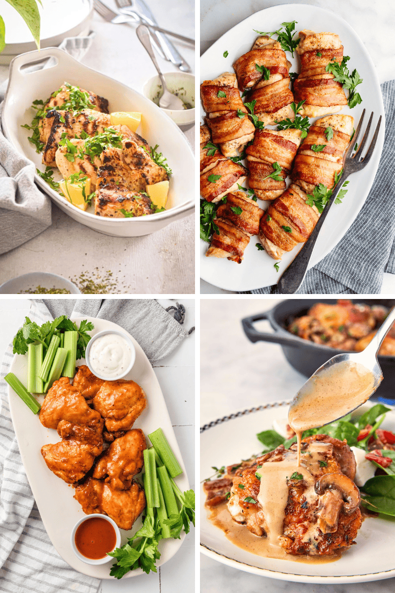 A collage of chicken thigh dinner recipes, each garnished with herbs and served with sauces.