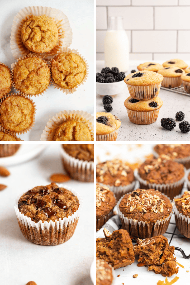 Four images of assorted muffins, including gluten-free muffin recipes and streusel-topped varieties.