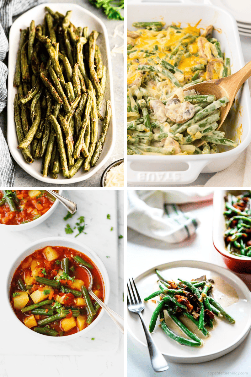 Four green bean recipes: roasted, cheesy casserole, soup, and beans with bacon on a plate.