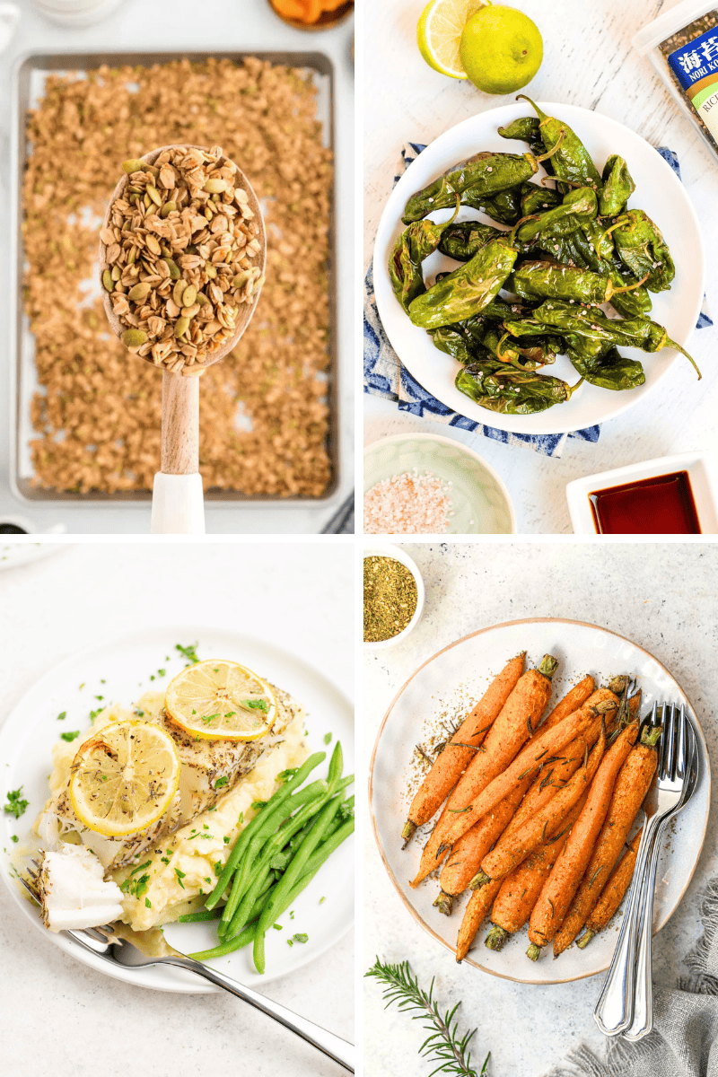 Four dishes: air fryer recipes like blistered peppers, granola, fish with beans, and carrots.