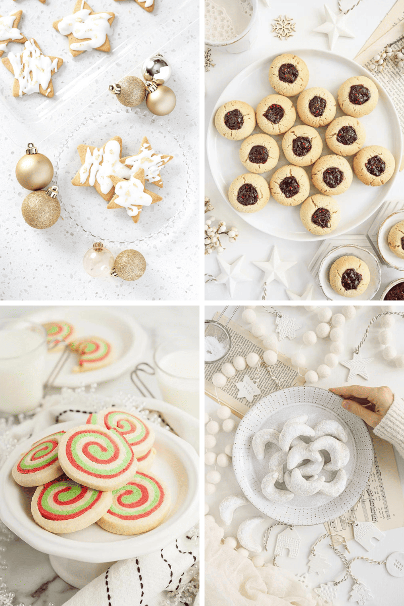 Four types of healthy Christmas cookies arranged on white plates with festive decorations.