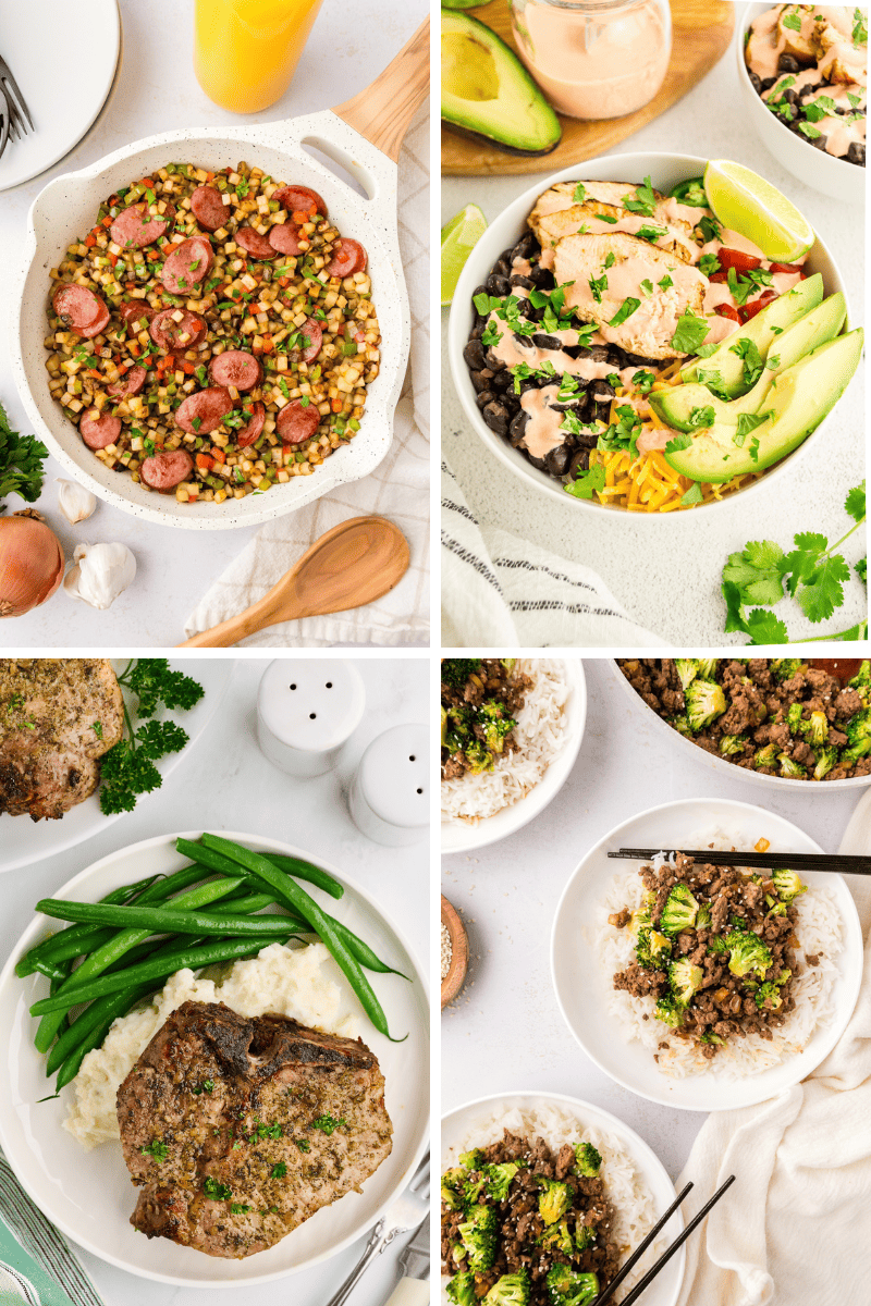 Four simple healthy meals featuring bowls and plates with meat, vegetables, and rice.