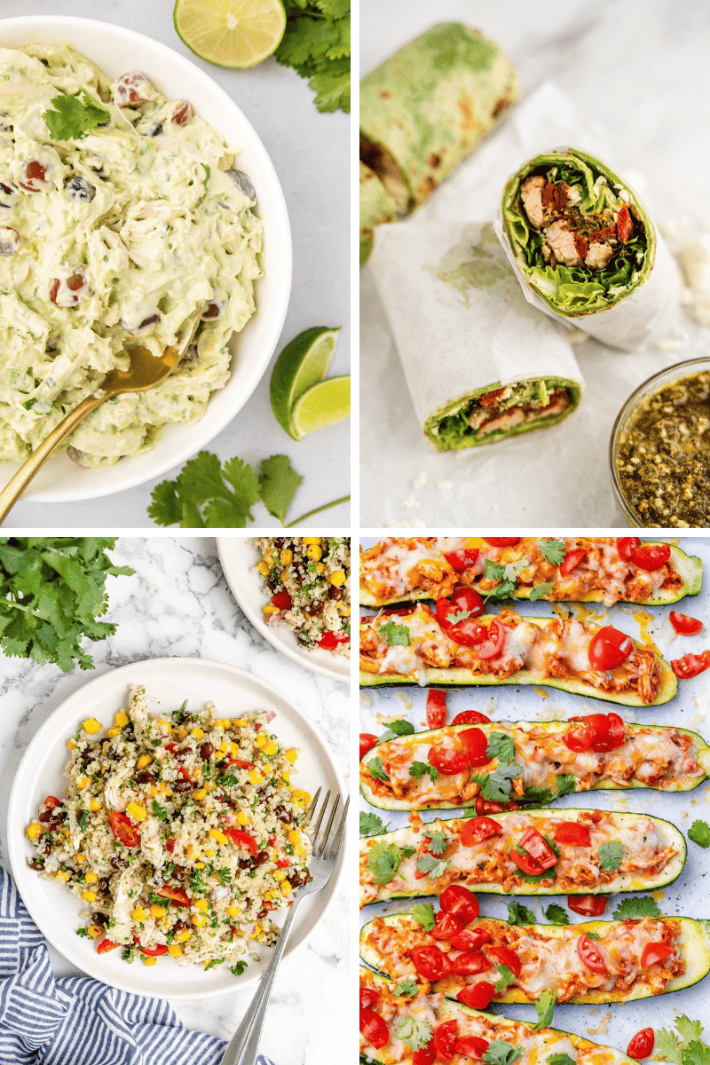 Collage of healthy dishes: avocado salad, veggie wrap, quinoa salad, and rotisserie chicken recipes.
