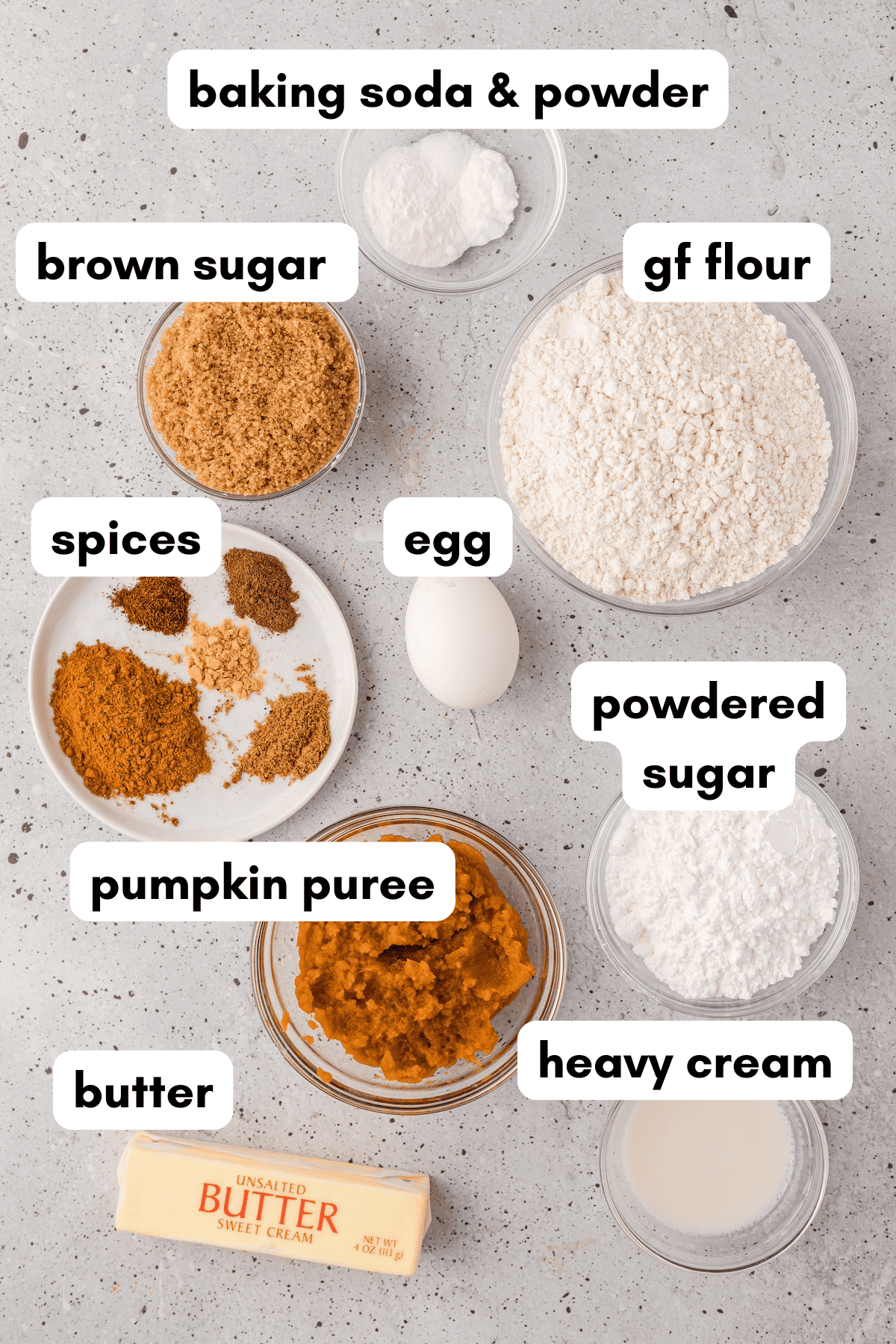 Labeled baking ingredients for Gluten-Free Pumpkin Scones, including flour, sugars, and spices.